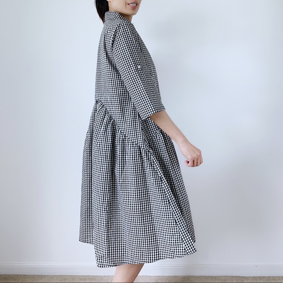 BLACK WHITE GINGHAM PLAID BUTTON DOWN FLARE MIDI DRESS - Picture 5 of 8